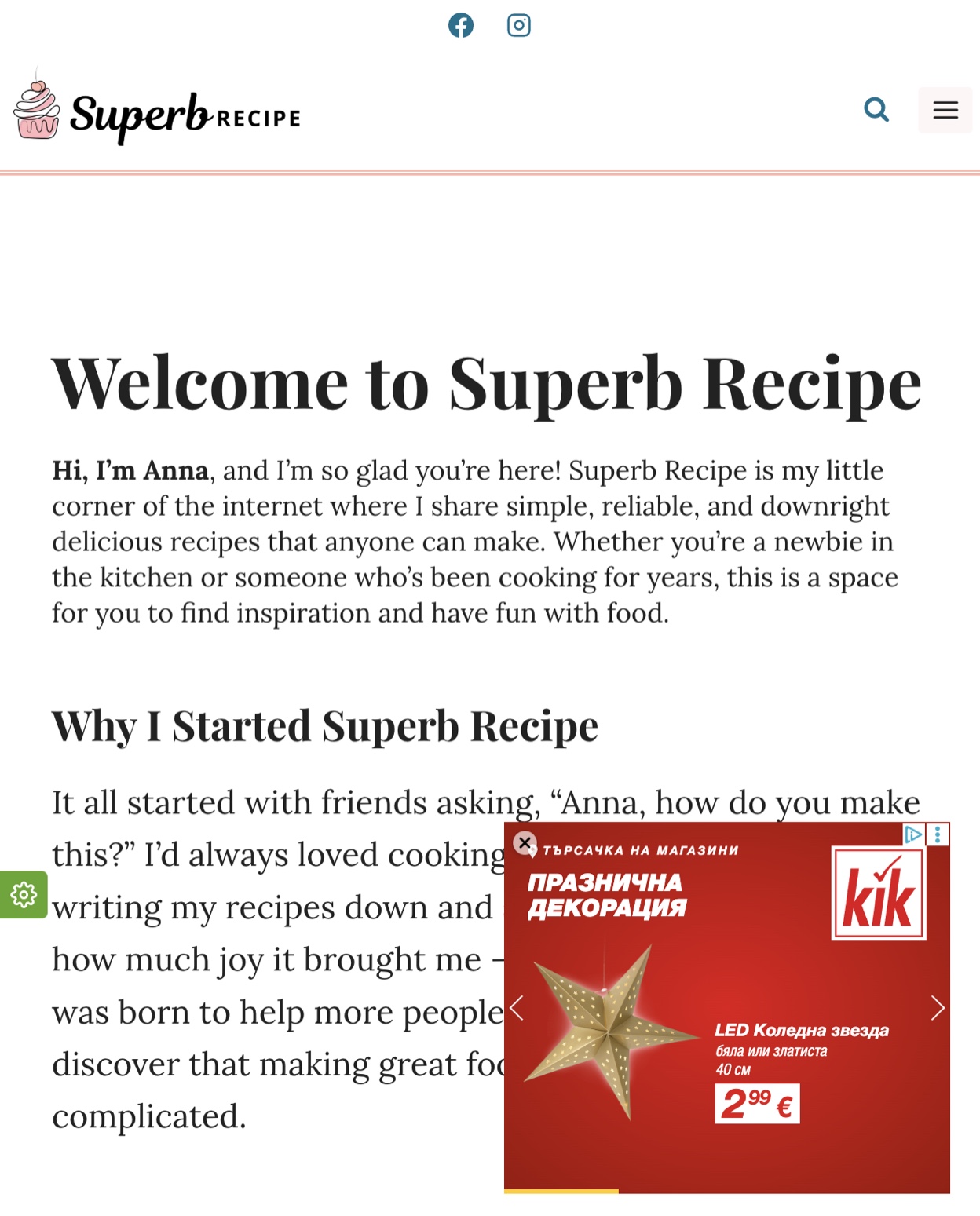 Screenshot of the superbrecipe[.]com about page for “Anna” with a display ad overlapping the about text.