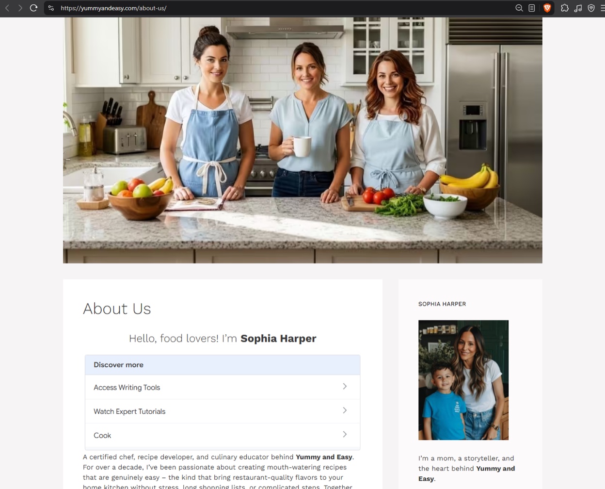 Screenshot of the yummyandeasy[.]com about page: a header photo of three women, an intro for “Sophia Harper”, and a sidebar photo of a different woman also labeled Sophia Harper.