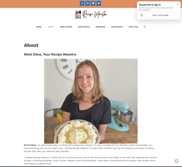 Screenshots, from left to right: the recipemaestro[.]com about page for “Elina” holding a key lime pie, and the July 2022 Suffolk Times article with the original photo of a Greenport chef (face redacted).