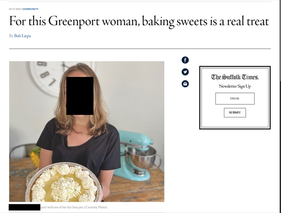 Screenshots, from left to right: the recipemaestro[.]com about page for “Elina” holding a key lime pie, and the July 2022 Suffolk Times article with the original photo of a Greenport chef (face redacted).