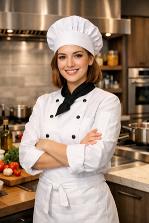 The six AI chef portraits from the tastyflavorhub[.]com team page, most of them posed with arms crossed in the same two kitchens.
