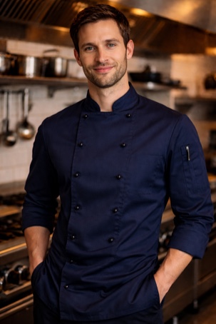 The six AI chef portraits from the tastyflavorhub[.]com team page, most of them posed with arms crossed in the same two kitchens.