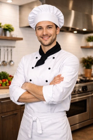 The six AI chef portraits from the tastyflavorhub[.]com team page, most of them posed with arms crossed in the same two kitchens.