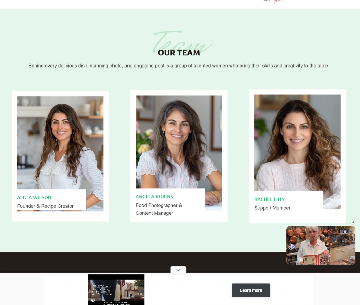 Screenshot of the spicedandbaked[.]com team section: Alicia Wilson, Angela Robins and Rachel Linn, three similar-looking AI photos.