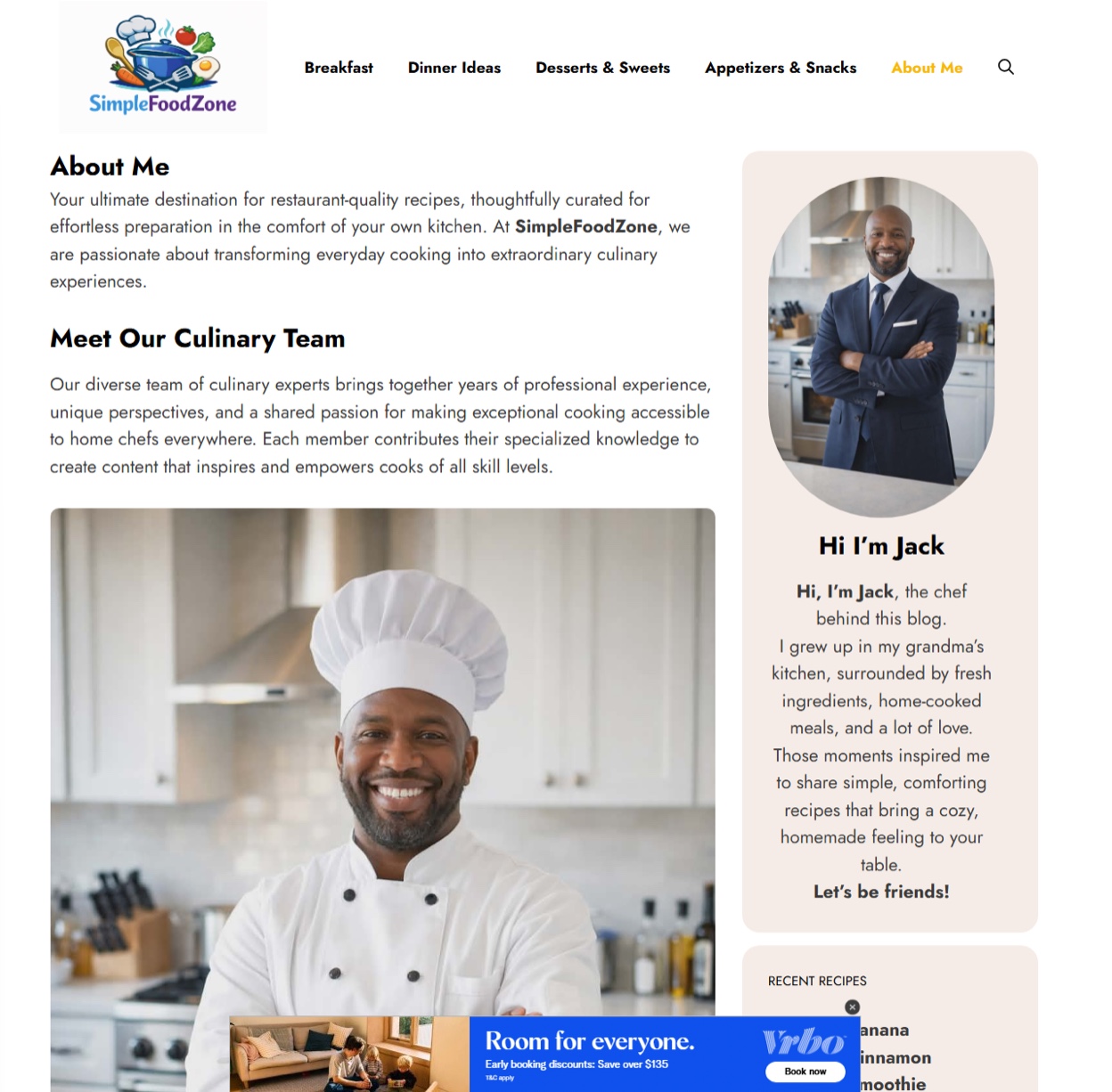 Screenshot of the simplefoodzone[.]com about page with the “Meet Our Culinary Team” heading, a sidebar bio for “Jack” and a VRBO banner ad.