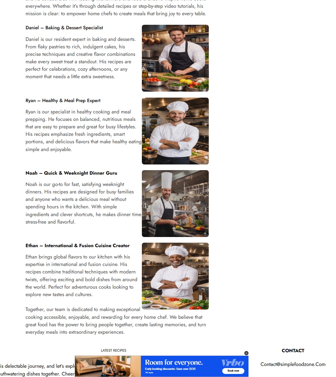 Screenshot of the rest of the simplefoodzone[.]com team page: Daniel, Ryan, Noah and Ethan, each with a cooking specialty, and another VRBO ad.