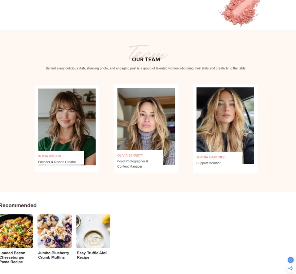 Screenshot of the easydinerecipes[.]com team section: Alicia Wilson, Olivia Bennett and Sophia Martinez, with the same founder name and job titles as spicedandbaked[.]com.