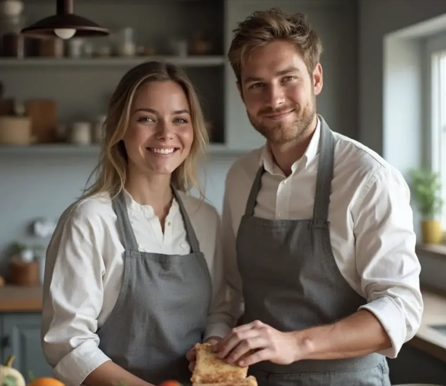 The marcelarecipes[.]com about page photo of a couple in gray aprons, the man holding a piece of bread.
