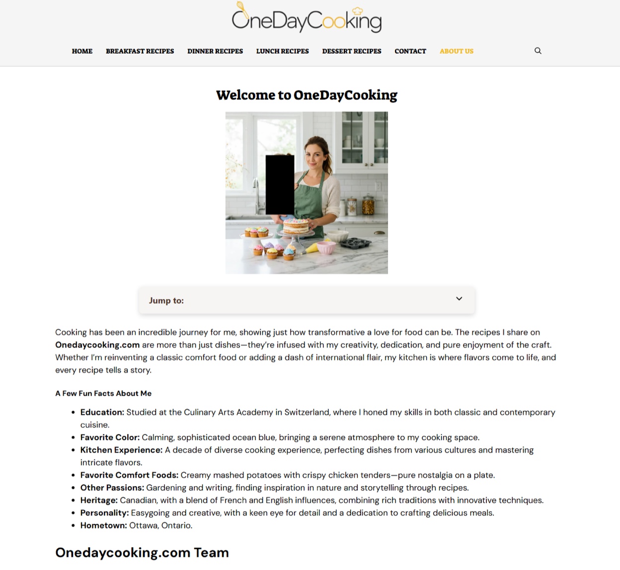 Screenshot of the onedaycooking[.]com about page with a woman in a green apron next to a layer cake (we covered the child in the image out of an abundance of concern that a minor’s image may have been used) with “fun facts” listing studies at a Swiss culinary academy.