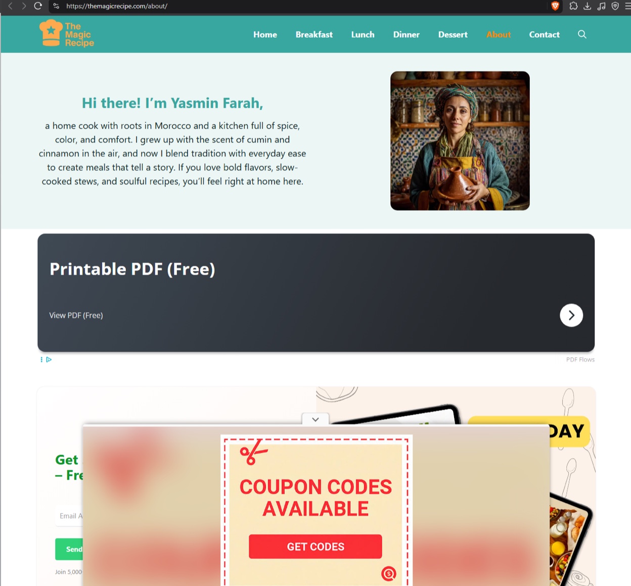 Screenshot of the “themagicrecipe[.]com” about page for “Yasmin Farah” holding a tagine, on the same teal template as thegreatrecipe[.]com.