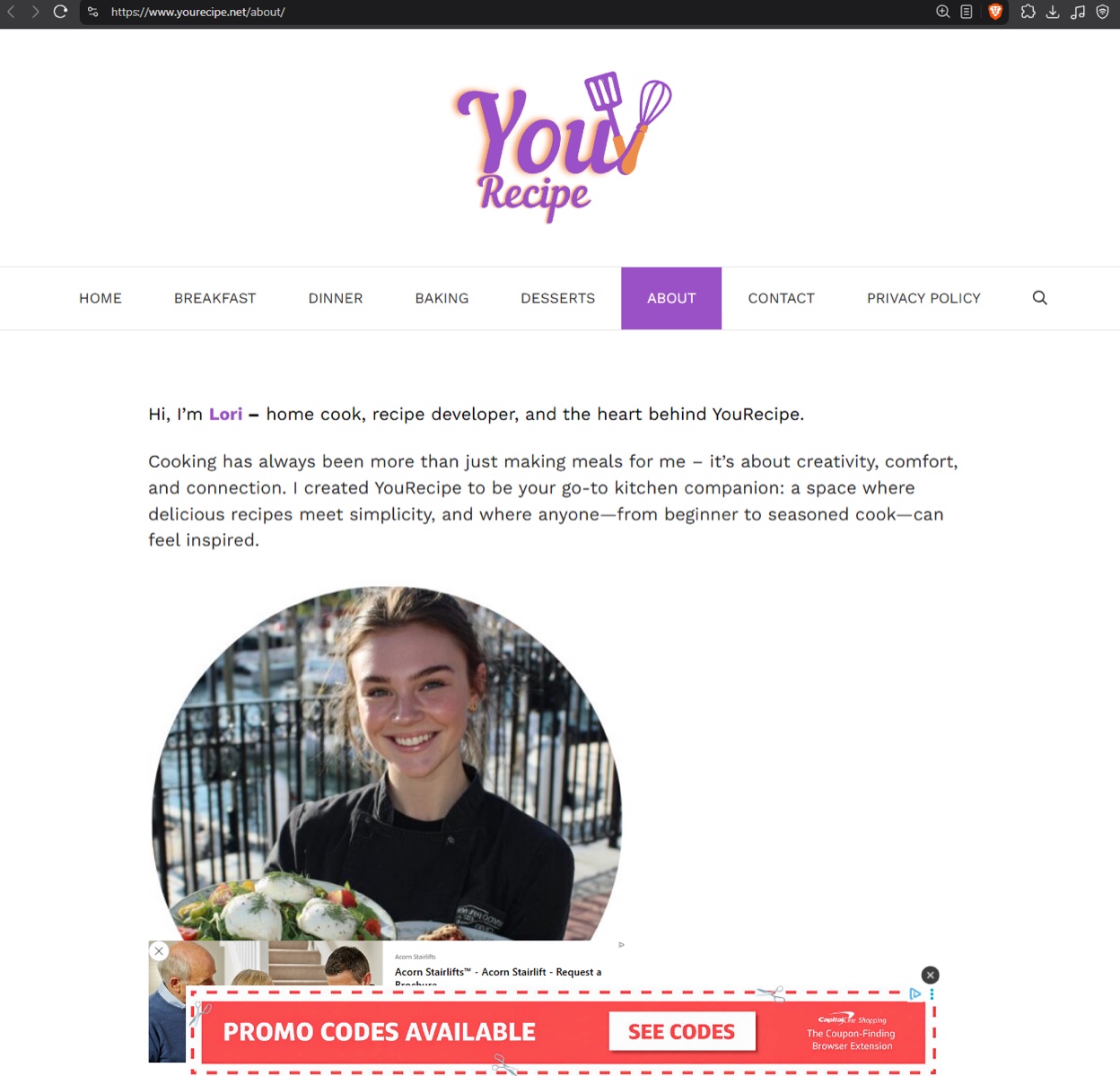 Screenshot of the yourecipe[.]net about page for “Lori”, with illegible text on her chef jacket, plus Acorn Stairlifts and Capital One Shopping ads.