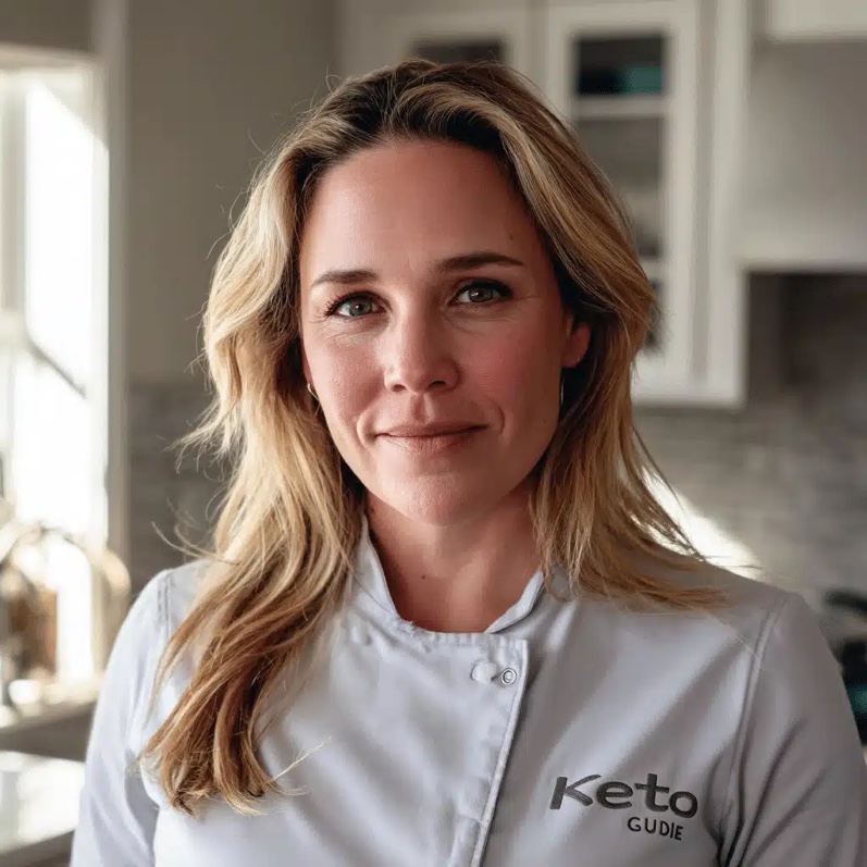 The ketodietguide[.]net author photo with “Keto GUDIE” embroidered on the chef jacket.