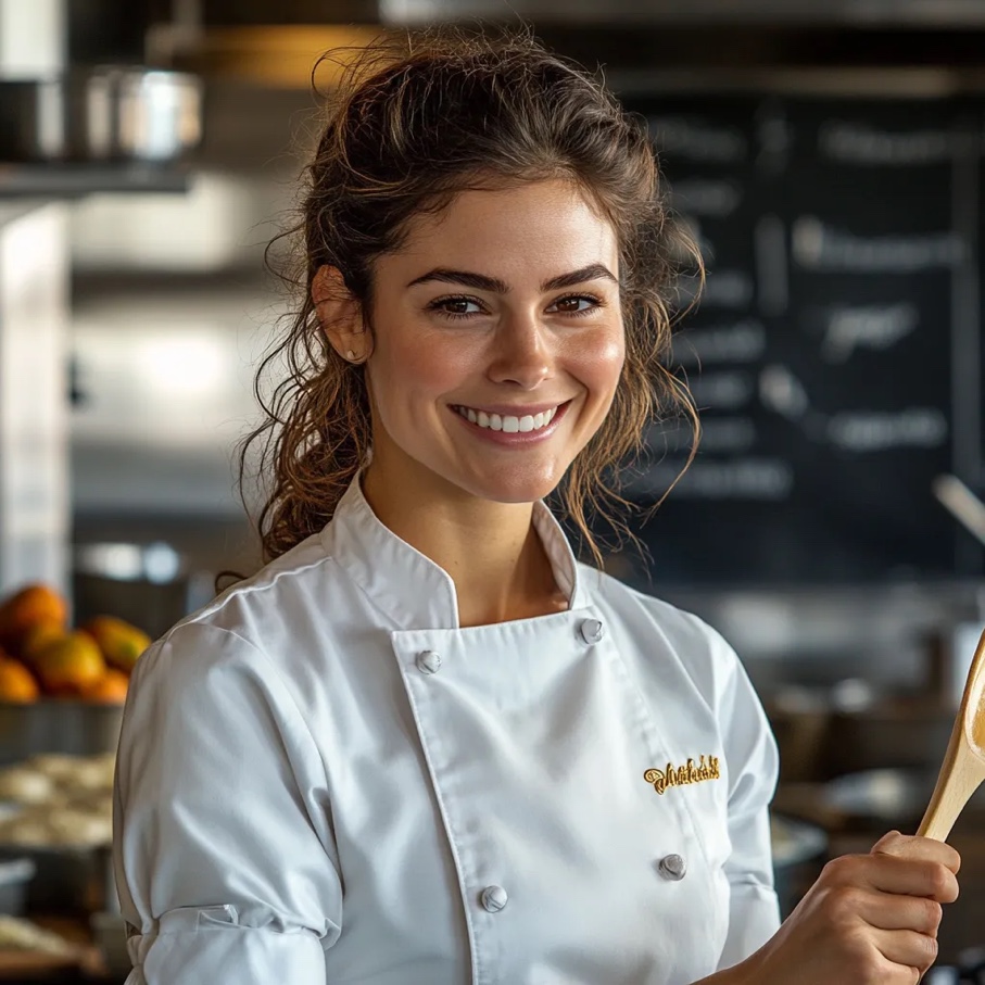 The jenniferrecipes[.]com author photo with garbled gold script embroidery on the chef jacket.