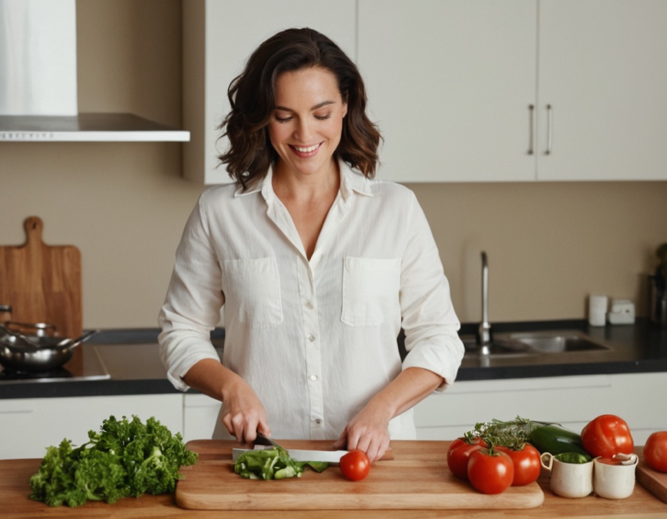 From left to right: the two slightly different AI author photos on the tiffanirecipes[.]com about page, one chopping vegetables and one holding a pot of tomatoes.