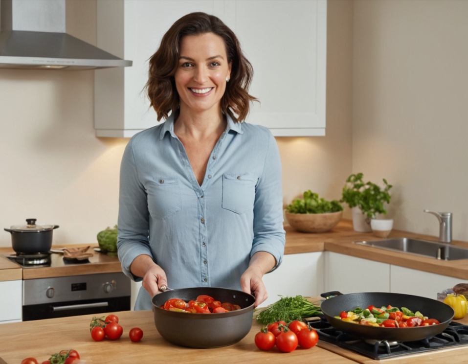 From left to right: the two slightly different AI author photos on the tiffanirecipes[.]com about page, one chopping vegetables and one holding a pot of tomatoes.
