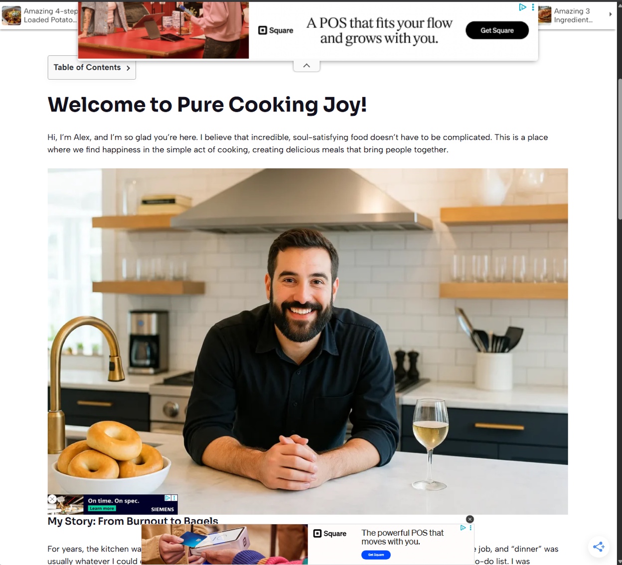 Screenshot of the purecookingjoy[.]com about page for “Alex” with a glass of white wine and a bowl of plain bagels, Square ads at the top and bottom and a Siemens ad over the photo.