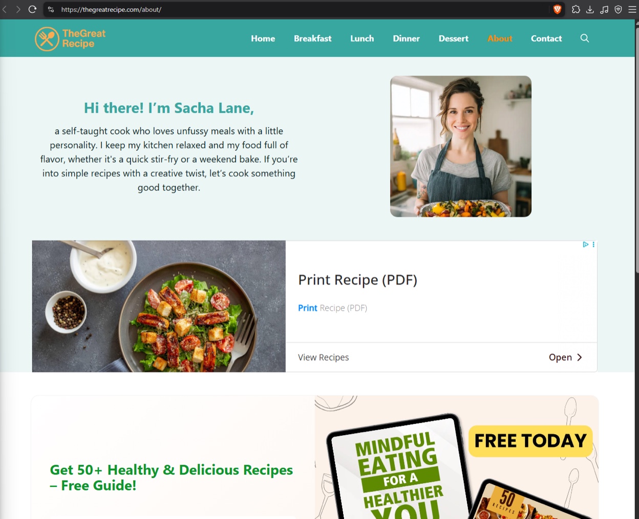Screenshot of the thegreatrecipe[.]com about page for “Sacha Lane”