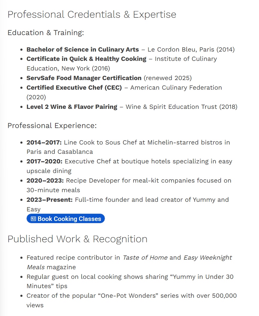 Screenshot of the “Professional Credentials” section on yummyandeasy[.]com listing Le Cordon Bleu, Michelin-starred bistros in Paris and Casablanca, and a Book Cooking Classes button.