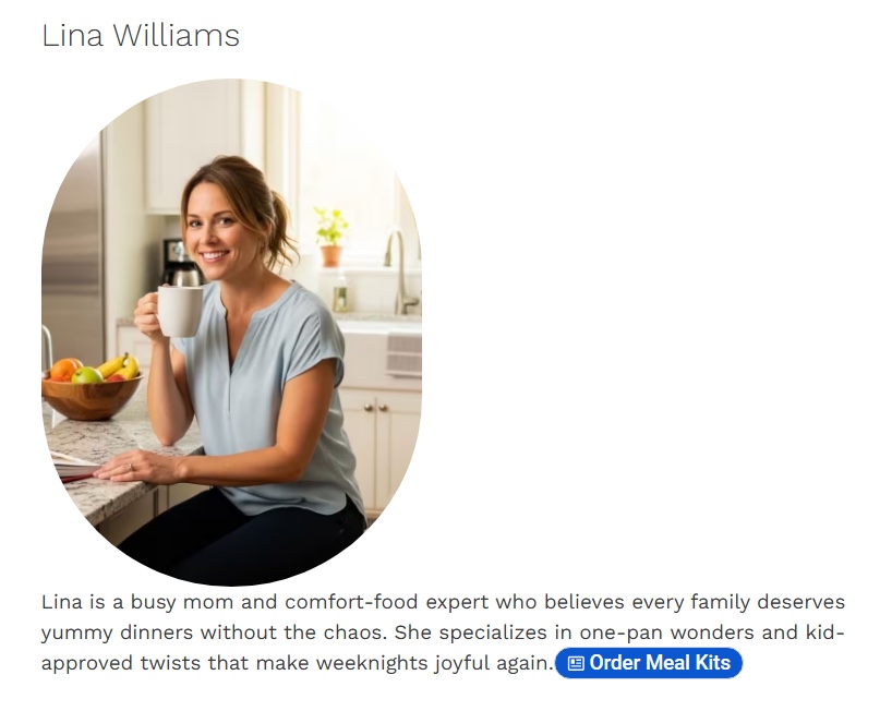 Screenshot of author “Lina Williams” on yummyandeasy[.]com, who allegedly worked at Michelin-starred bistros in Paris and Casablanca.