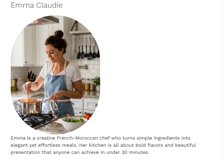 Screenshot of author “Emma Claudie” on yummyandeasy[.]com, described as a French-Moroccan chef.