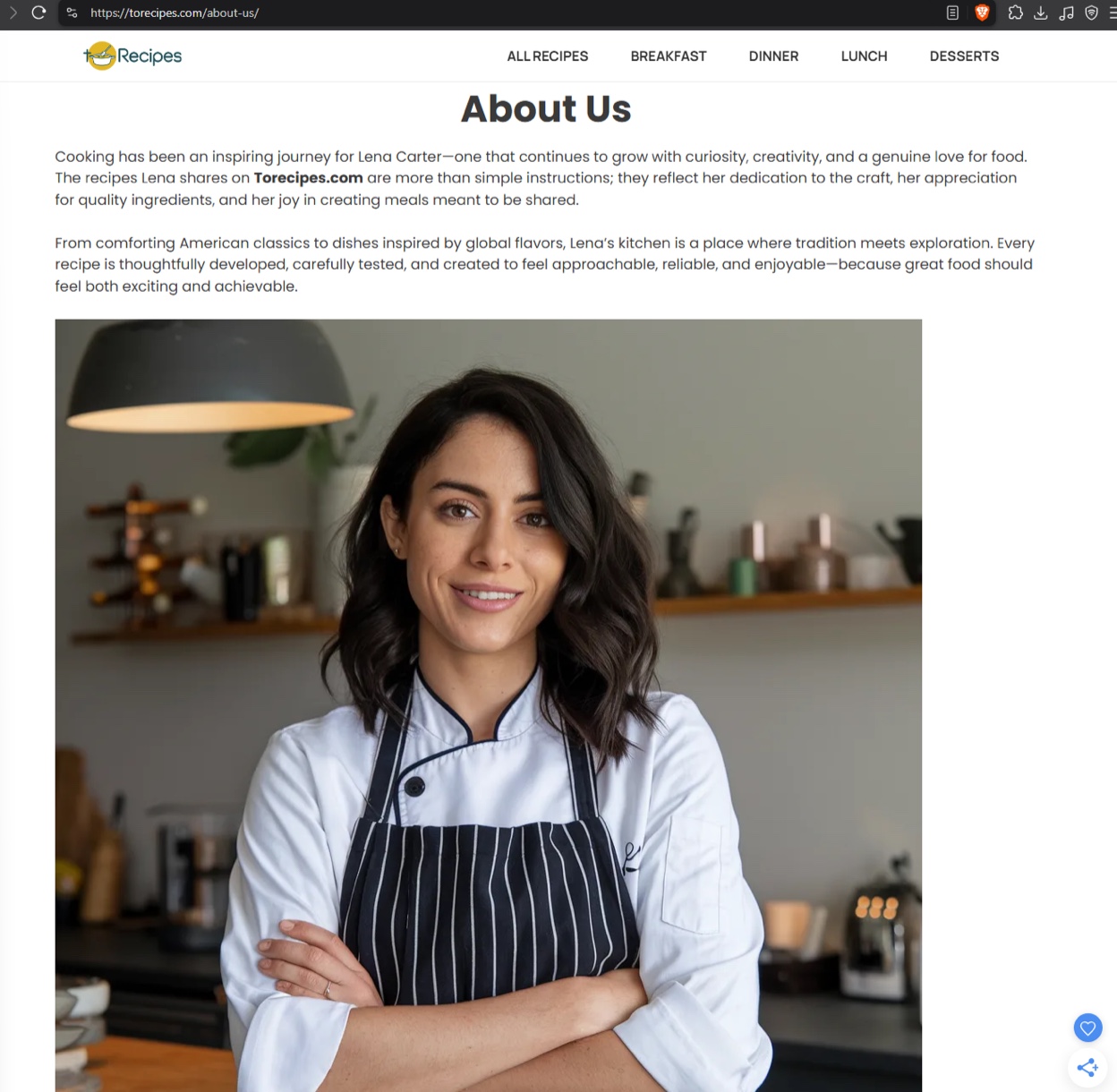 Screenshot of the torecipes[.]com about page for “Lena Carter”, an AI photo of a woman in a chef coat and striped apron.