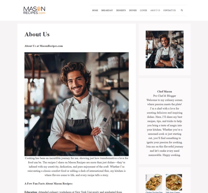 Screenshot of the masonrecipes[.]com about page for “Chef Mason, Pro Chef & Blogger”, with the same AI photo repeated in the sidebar.