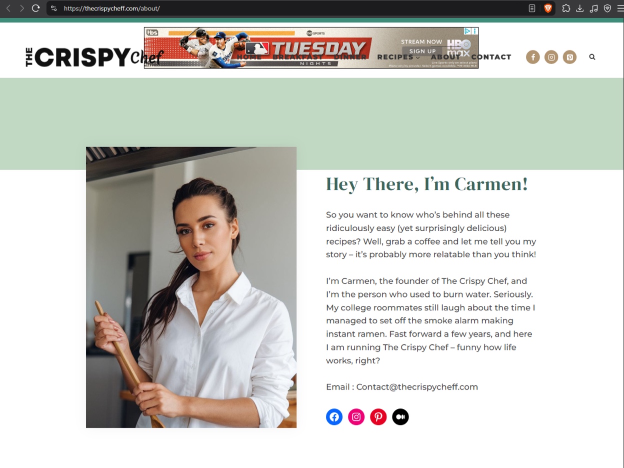 Screenshot of the thecrispycheff[.]com about page for “Carmen”, with an HBO Max MLB banner ad overlapping the navigation menu.