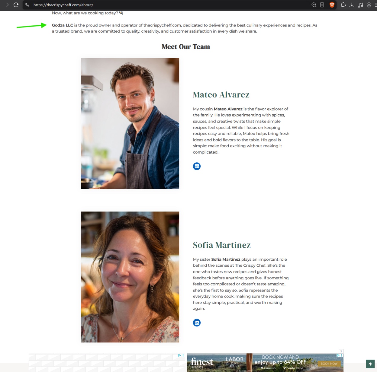 Screenshot of the lower half of the thecrispycheff[.]com about page naming “Godza LLC” as the owner, with team photos for Mateo Alvarez and Sofia Martinez.