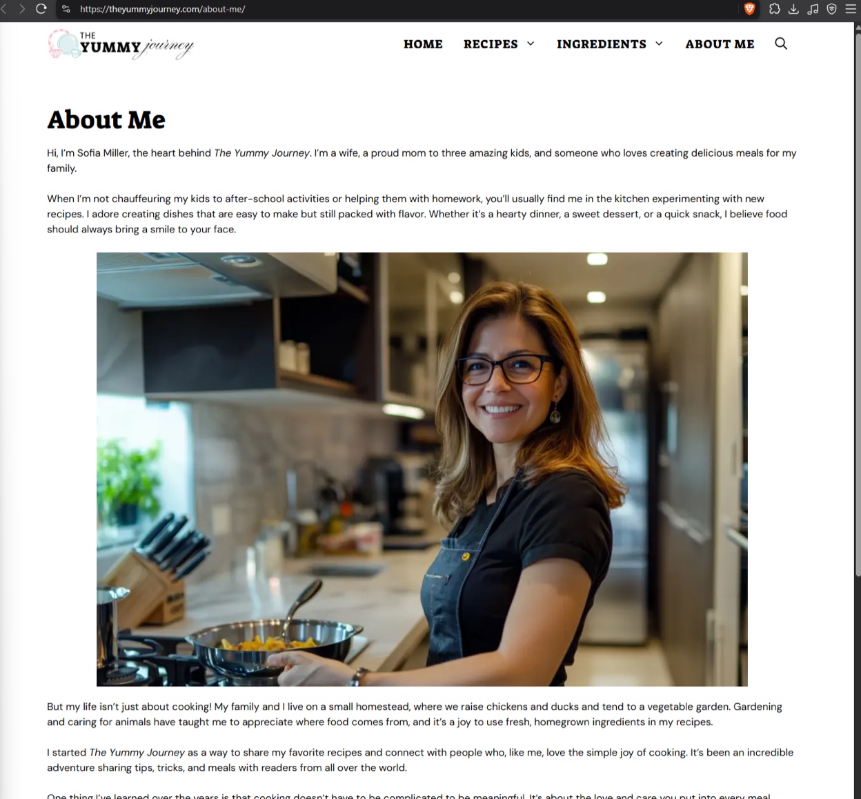 Screenshot of the theyummyjourney[.]com about page for “Sofia Miller”, an AI photo of a woman in glasses cooking at a stove.
