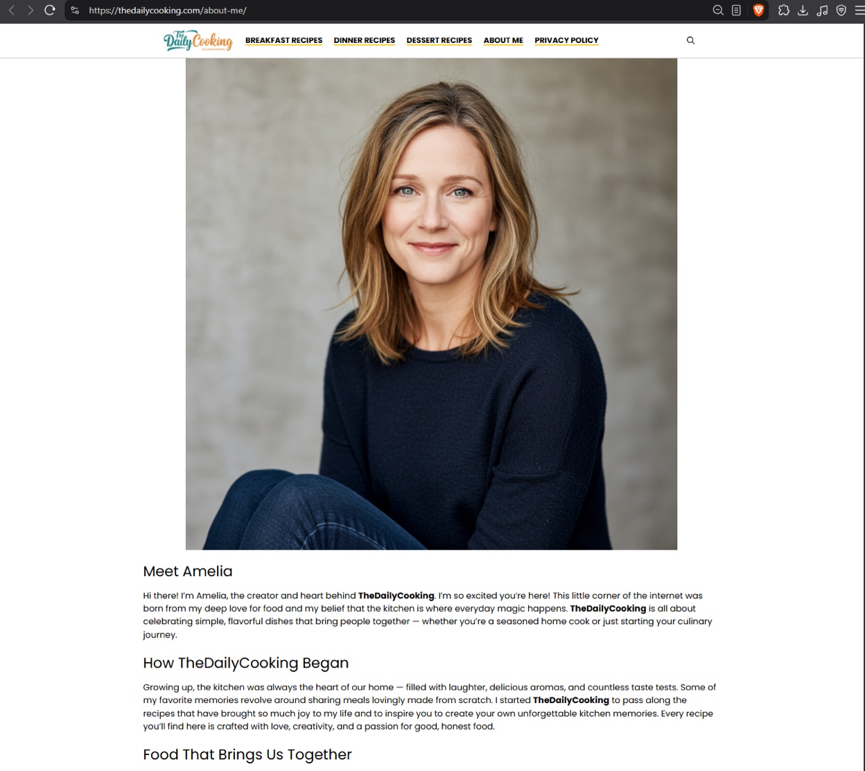 Screenshot of the thedailycooking[.]com about page for “Amelia”, a studio style portrait against a plain gray backdrop.