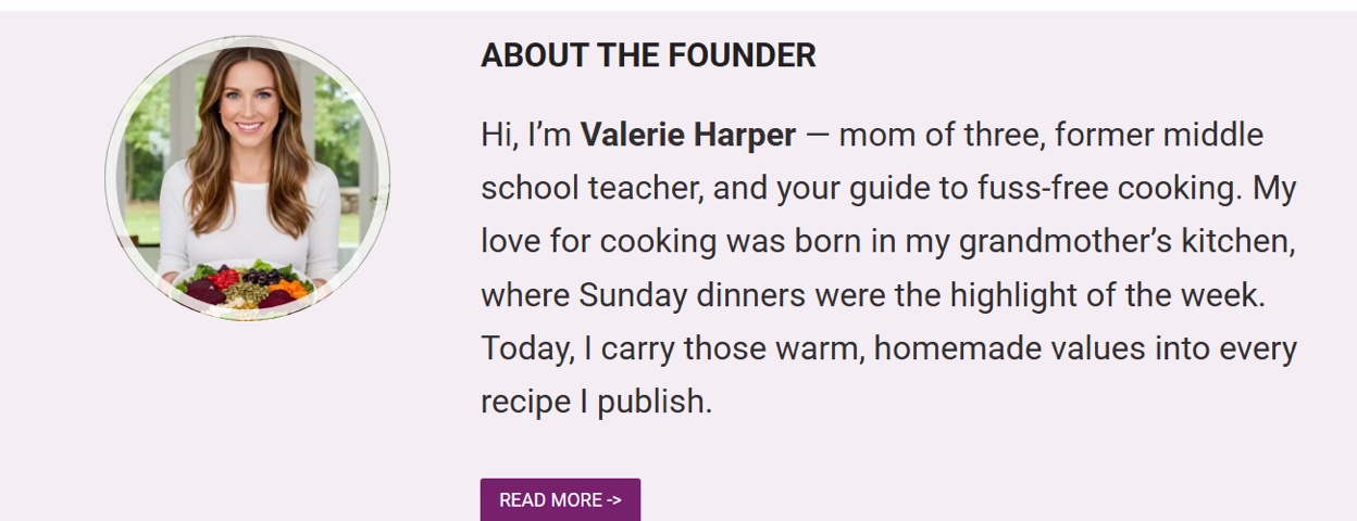 Screenshot of the valerierecipes[.]com “About the Founder” block for “Valerie Harper”, a mom of three and former teacher.