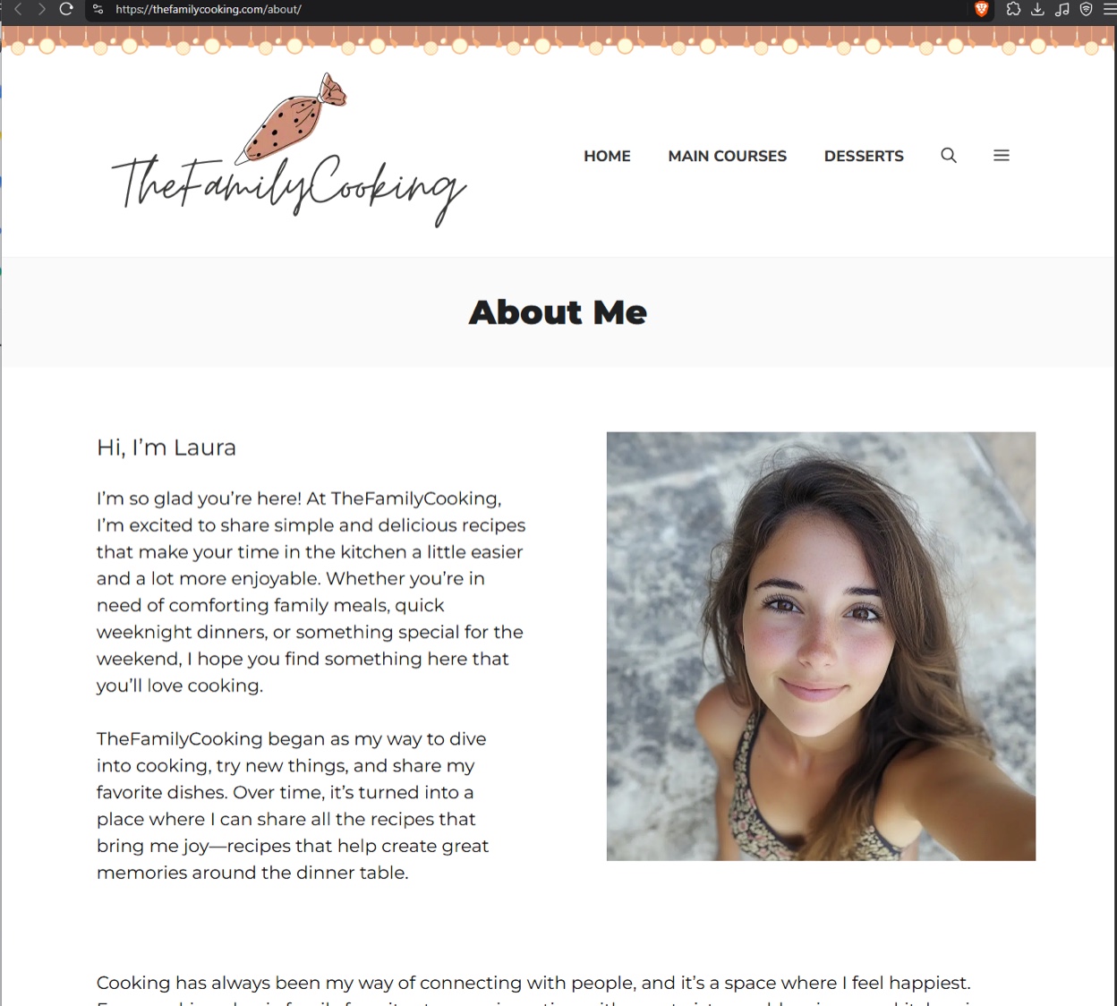 Screenshot of the thefamilycooking[.]com about page for “Laura”, a close up selfie style AI photo.