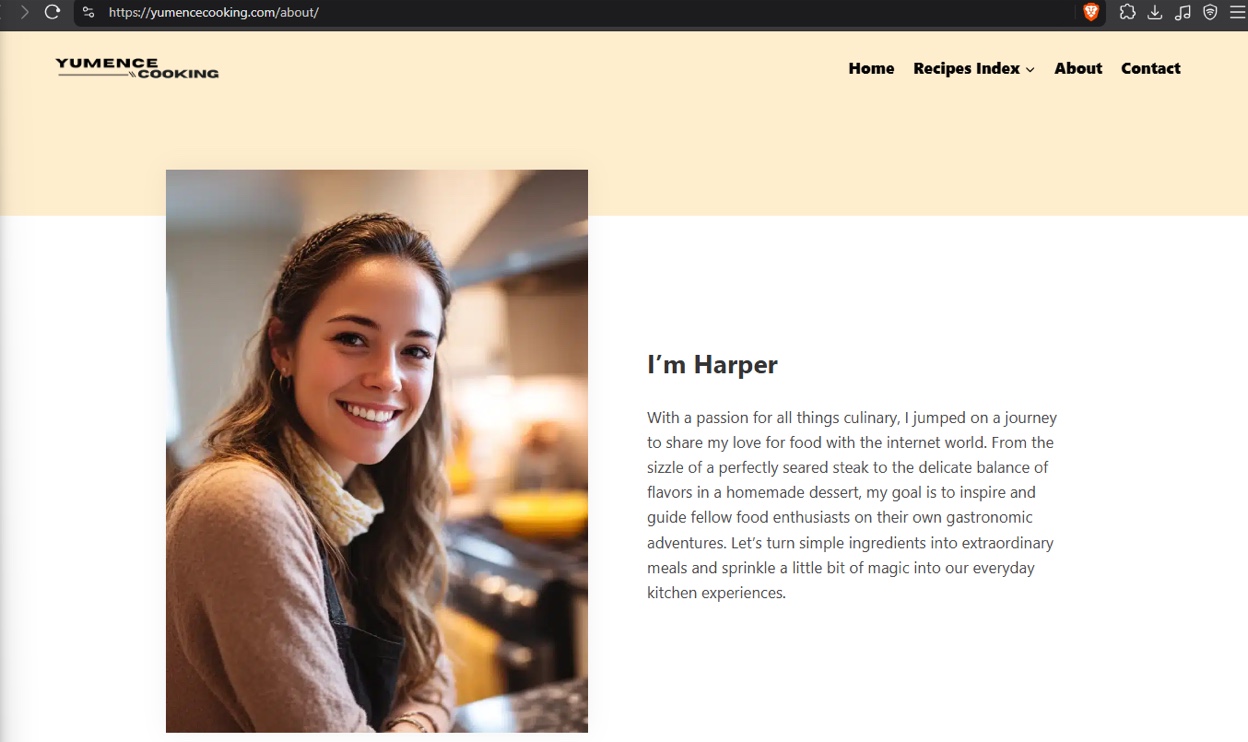 Screenshot of the yumencecooking[.]com about page for “Harper” leaning on a kitchen counter.