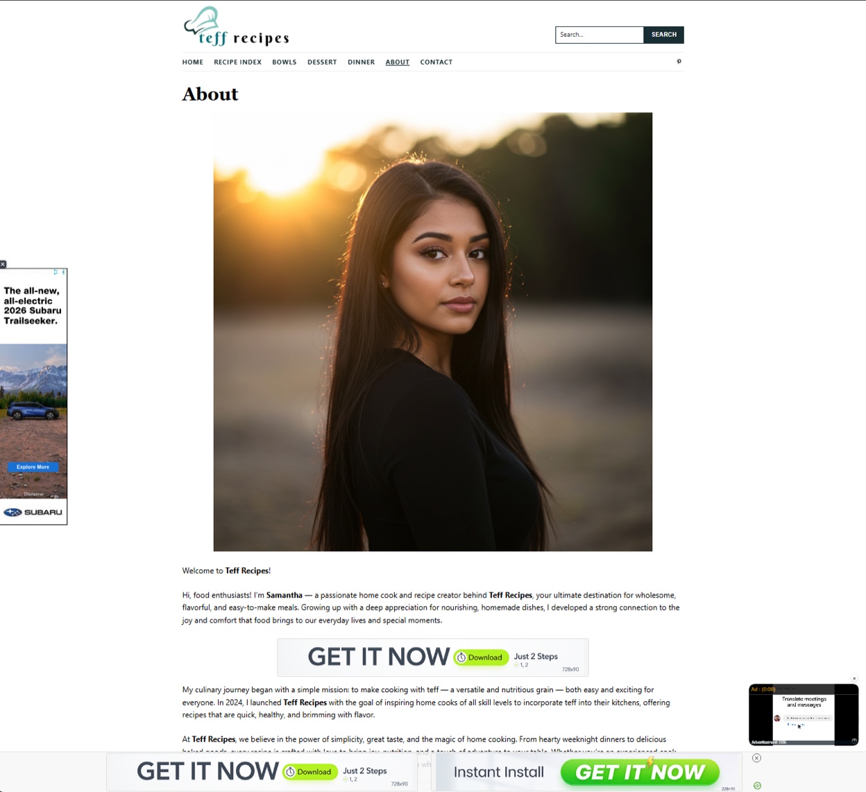 Screenshot of the teffrecipes[.]com about page for owner “Samantha”, with a Subaru ad, three Get It Now download banners and a video ad.