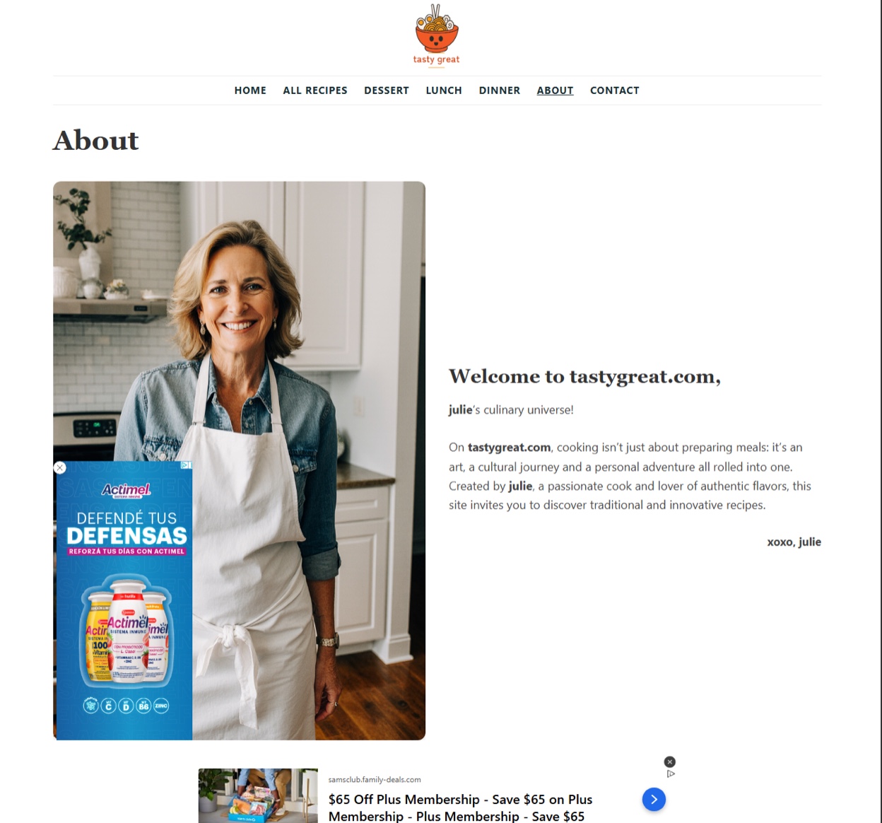 Screenshot of the tastygreat[.]com about page for “julie” with a Spanish language Actimel ad over her photo and a Sam's Club ad below.