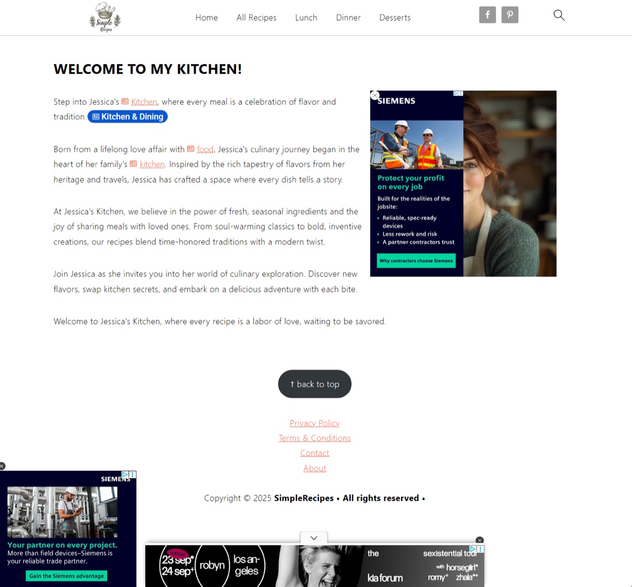 Screenshot of the simplerecipes[.]me about page (“Jessica's Kitchen”) where a Siemens ad covers half the author photo, with a second Siemens ad and a Robyn concert banner.
