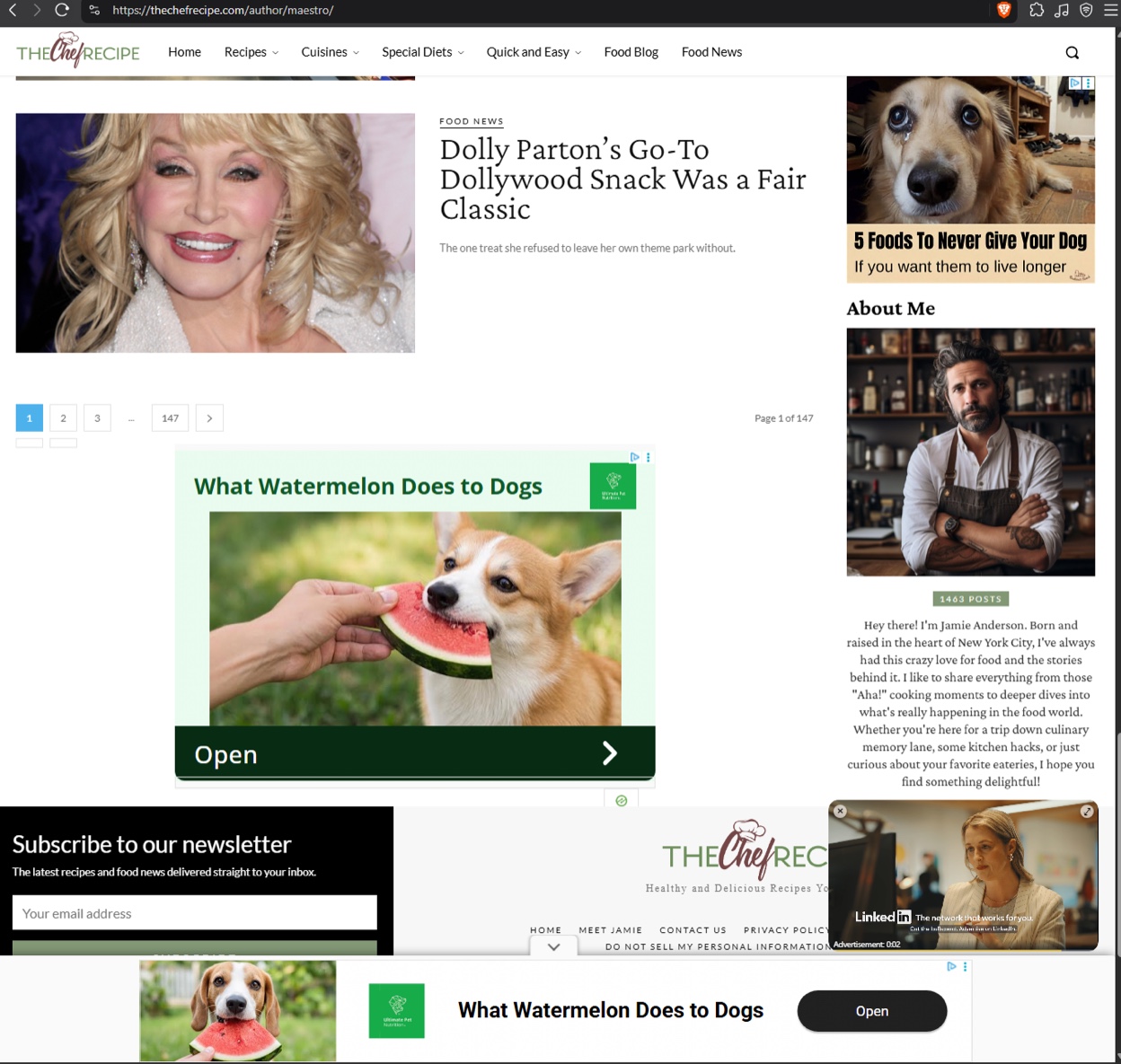 Screenshot of the thechefrecipe[.]com author page for “Jamie Anderson” beside a Dolly Parton post, with dog food ads and a LinkedIn video ad.