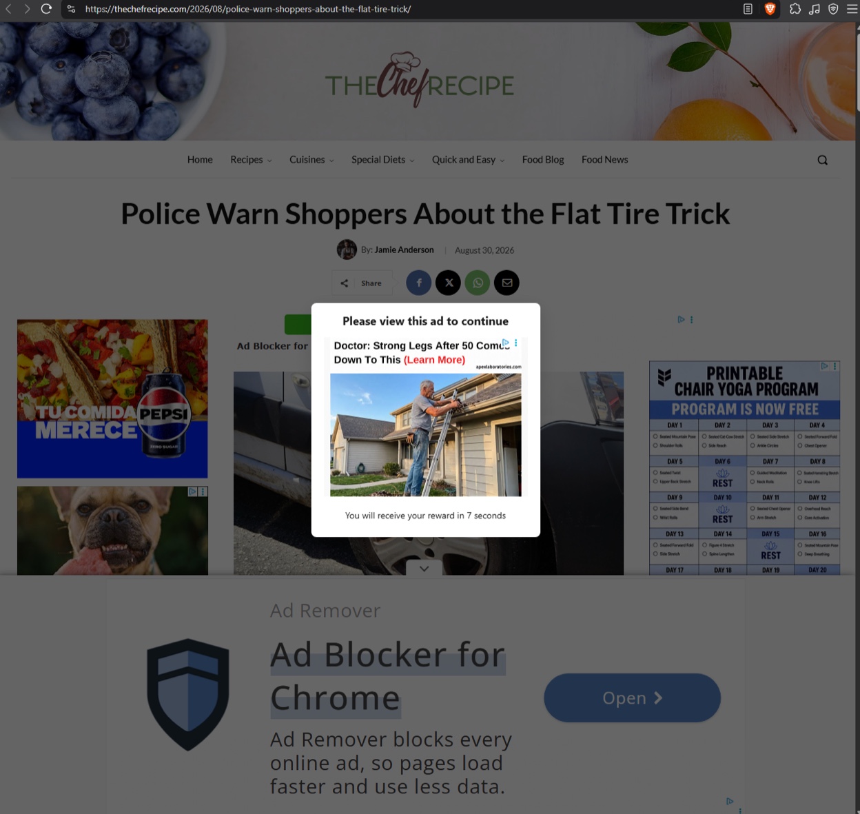 Screenshot of the “Flat Tire Trick” article on thechefrecipe[.]com behind a “Please view this ad to continue” popup, with Pepsi, chair yoga and ad blocker ads.