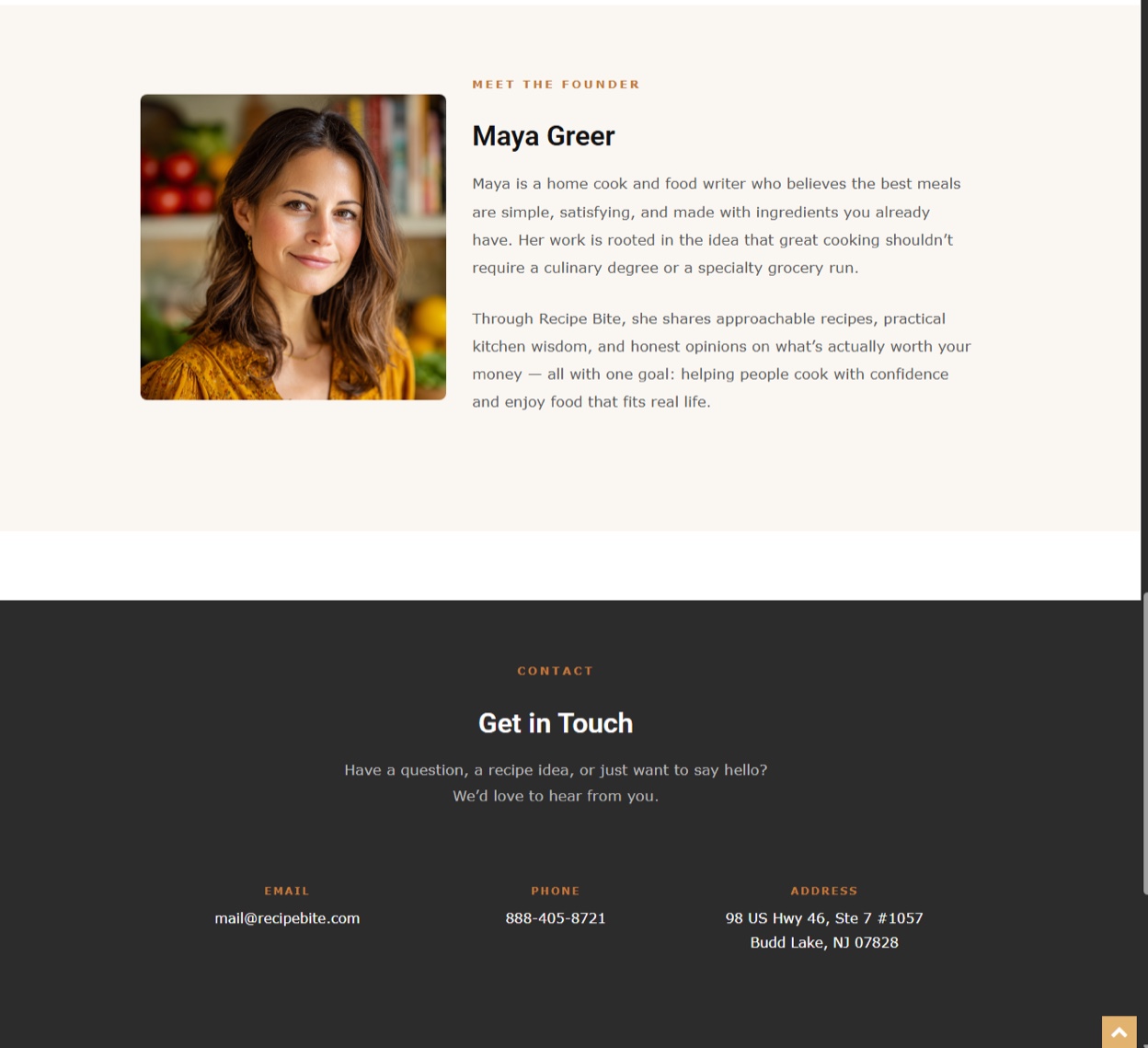 Screenshot of the recipebite[.]com “Meet the Founder” section for “Maya Greer”, listing the 888-405-8721 phone number and a Budd Lake, NJ address.