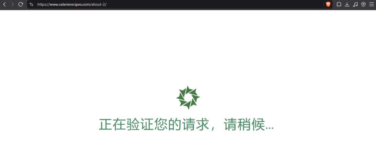 Screenshot of the Chinese language verification screen shown when loading valerierecipes[.]com/about-2.