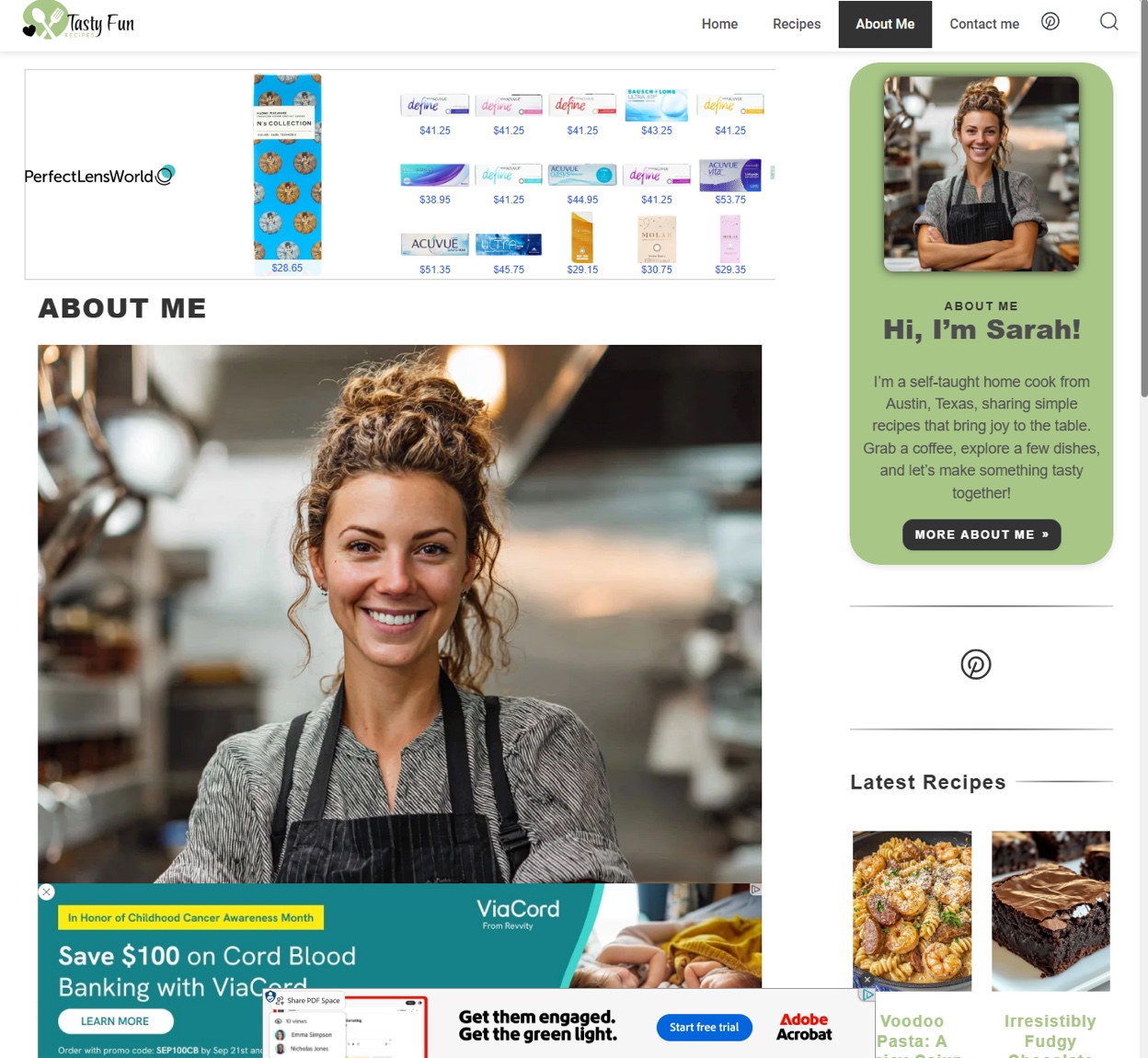Screenshot of the tastyfunrecipes[.]com about page for “Sarah” with PerfectLensWorld, ViaCord and Adobe Acrobat ads overlapping each other at the bottom.