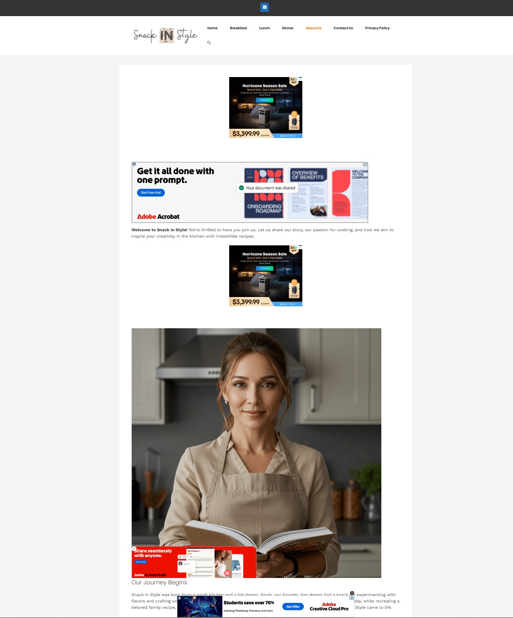 Screenshot of the snackinstyle[.]com about page with ads stacked between paragraphs: two Anker Solix banners and three Adobe creatives.