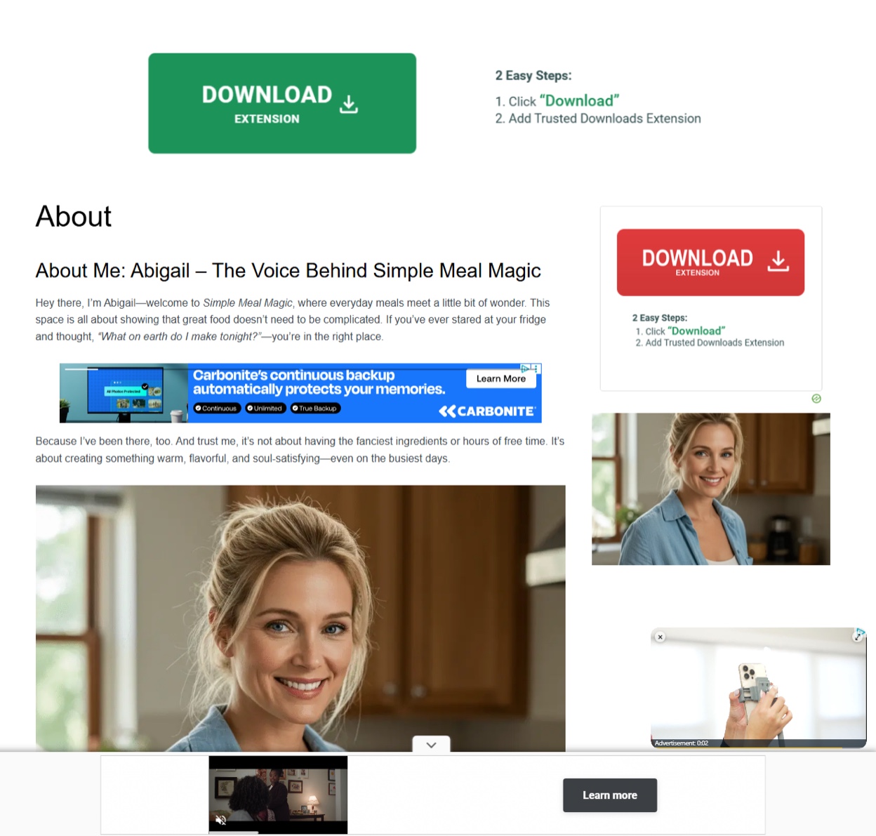 Screenshot of the simplemealmagic[.]com about page for “Abigail”, with a Carbonite ad, two Download Extension banners and two video ad units.