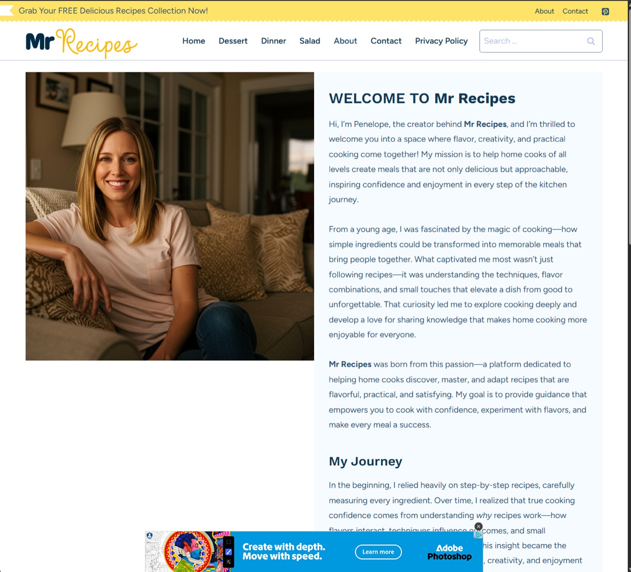 Screenshot of the mrrecipes[.]net about page for “Penelope” with an Adobe Photoshop banner ad at the bottom.
