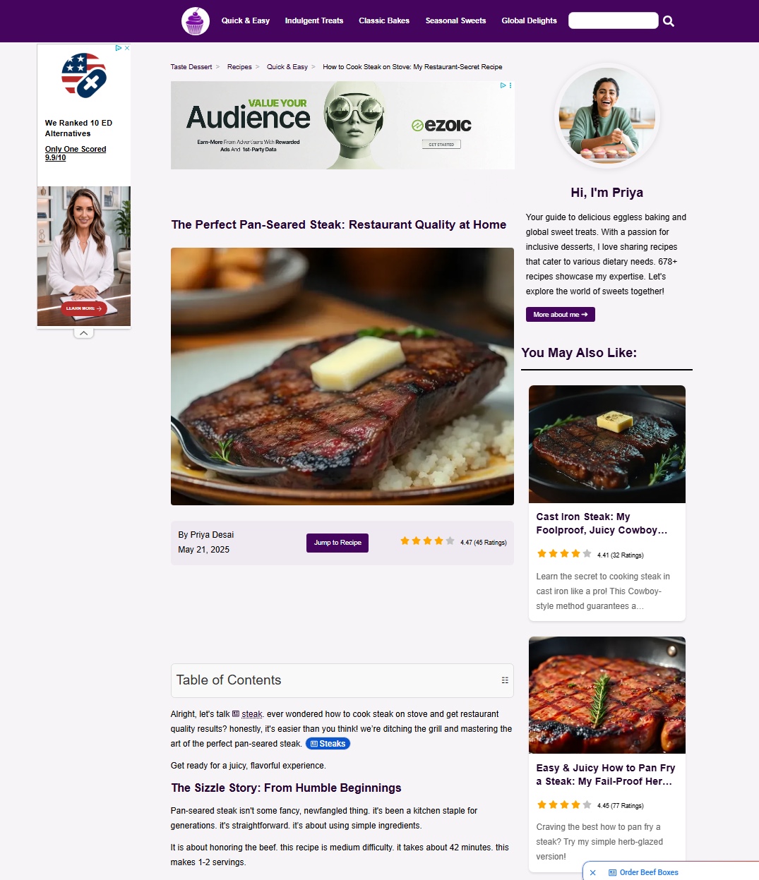 Screenshot of a tastedessert[.]com steak recipe by “Priya Desai”, whose sidebar bio claims 678+ recipes, with an Ezoic house ad and a supplement ad.