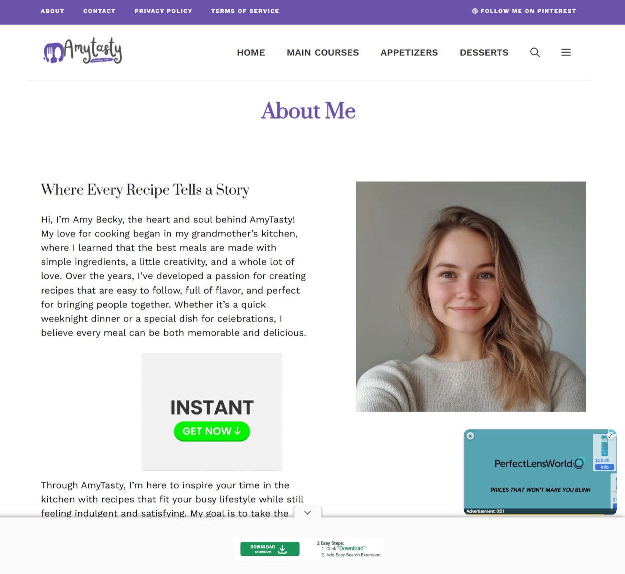 Screenshot of the amytasty[.]com about page for “Amy Becky”, with an INSTANT Get Now download button, a PerfectLensWorld video ad and a Download Extension bar banner ad.