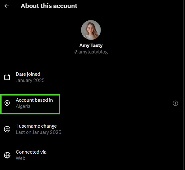 Screenshot of the X “About this account” panel for @amytastyblog showing Account based in Algeria and joined January 2025.