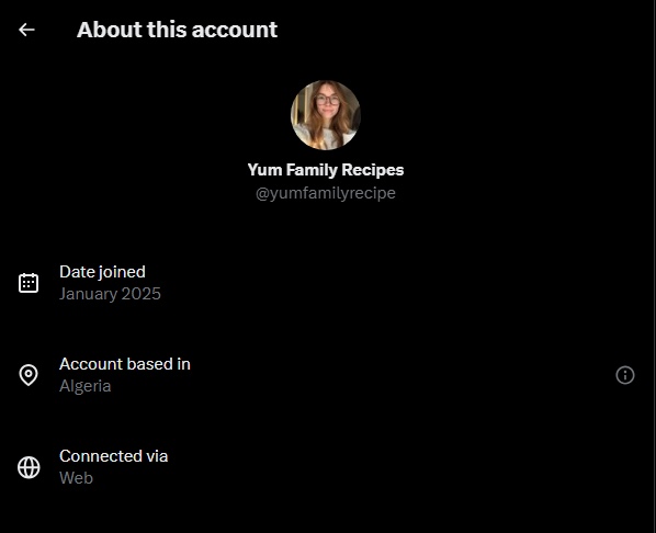 Screenshot of the X “About this account” panel for @yumfamilyrecipe, based in Algeria and joined January 2025.