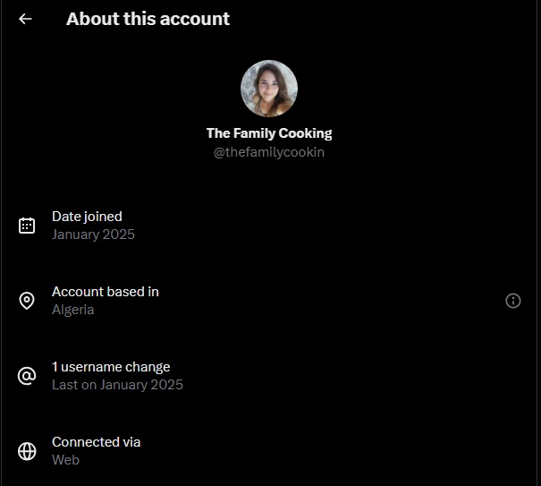Screenshot of the X “About this account” panel for @thefamilycookin, based in Algeria and joined January 2025.
