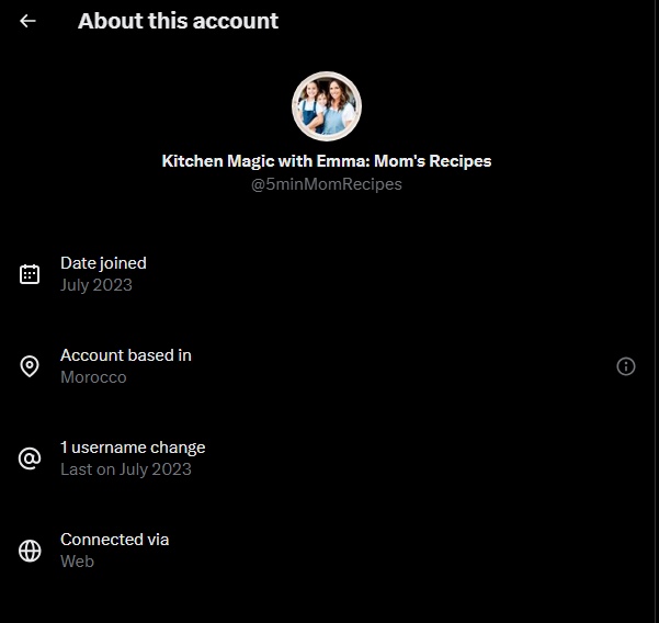 Screenshot of the X “About this account” panel for @5minMomRecipes, linked from tastydishy[.]com, based in Morocco and joined July 2023.